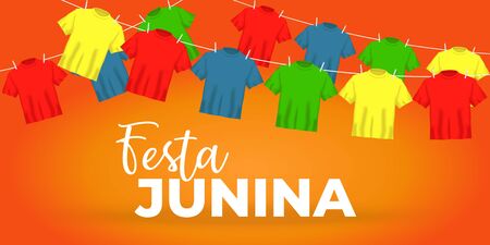 Festa Junina Party vector Illustration. Colorful realistic 3d t-shirt on orange background. Brazil June Festival holiday invitation, poster, flyer, greeting cardのイラスト素材