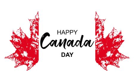 Happy Canada Day greeting card. Canadian flag grunge vector illustration  with hand drawn calligraphy lettering and watercolor Canada nation symbol - maple leaf on white background - Vectorのイラスト素材