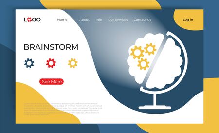 Brainstorm landing page template. Creative flat cartoon vector illustration  globe and human brain with gear. Online brainstorming concept for web page. Poster, banner, website designのイラスト素材