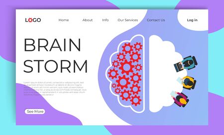 Brainstorm landing page template. Creative flat cartoon vector illustration  table and human brain with gear. Online brainstorming concept for web page. Poster, banner, website designのイラスト素材
