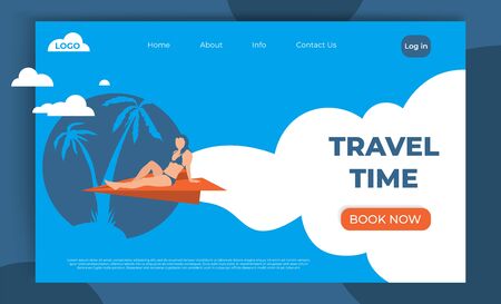Landing page template of Book ticket flight for travel agency web page design. Modern flat concept mobile tourism website. Vector illustration with girl trip on paper plane. Banner, poster templateのイラスト素材