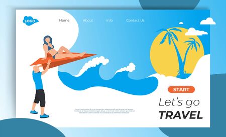 Landing page of Book ticket flight for travel agency web page design. Modern flat concept mobile tourism website. Vector illustration with man and girl trip on paper plane. Banner, poster templateのイラスト素材