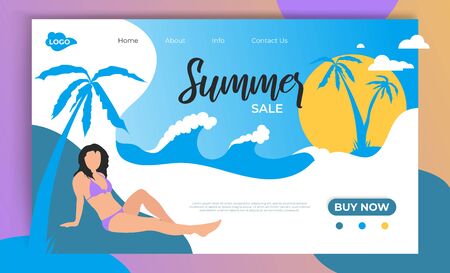 Summer sale website landing page. Vacation season shopping promotion discount banner, poster, flyer for fashion boutique new cloth summer collection. Vector flat illustration for shop web site pageのイラスト素材