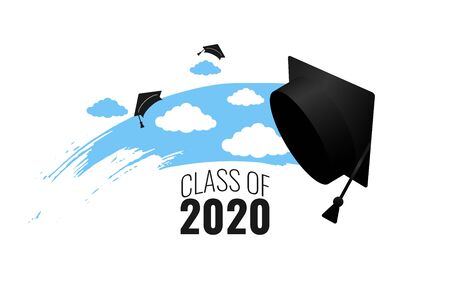 Class of 2020. Hand drawn brush blue sky stripe, clouds, number with education academic cap. Template for graduation party design, high school or college congratulation graduate. Vector illustration.のイラスト素材