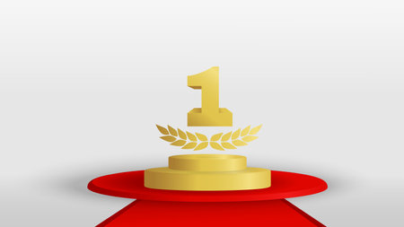 Golden stage podium with red level on white background. Award ceremony pedestal with number 1 on top. Gold scene platform for first winner place. Vector illustrationのイラスト素材