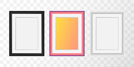 Vector realistic colorful gradient, black and white photo frame mock up isolated. 3d vertical empty wall picture frame mockup illustration for your design. Poster template for photo or diplomaのイラスト素材