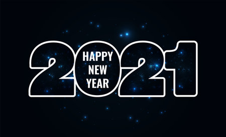Happy New Year 2021 and Merry Christmas greeting card. Numbers on black background with glowing stars light. Vector illustrationのイラスト素材
