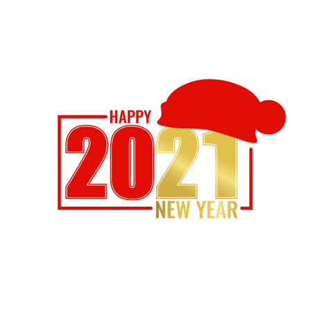 Number 2021 in red santa claus hat. Merry Christmas and Happy New Year celebration card, poster or banner template. Vector illustration of chinese new year of the ox. Calendar sign cover design.のイラスト素材