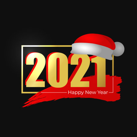Frame with golden number 2021 in 3d realistic red santa claus hat. Merry Christmas, Happy New Year celebration card, poster, banner template on black. Vector illustration. Calendar sign cover design.のイラスト素材