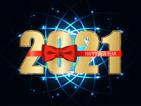 Happy New Year 2021 and Merry Christmas greeting card. Golden numbers and neon geometric frame on black background with red necktie and glowing stars light. Vector illustrationのイラスト素材