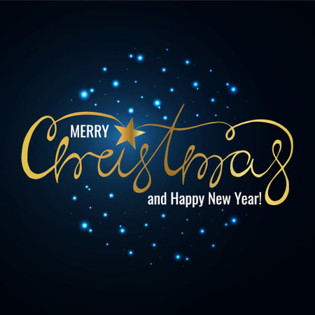 Golden Merry Christmas font on dark background. Xmas and Happy New Year lettering for greeting card, banner, poster. Hand drawn calligraphic letters with snowflakes stylized ball.Vector illustrationのイラスト素材