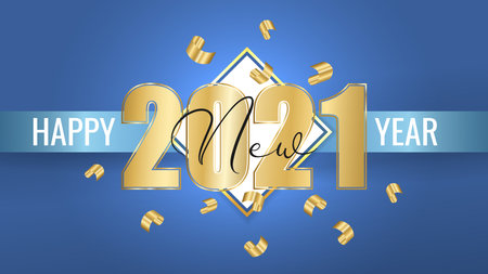 Happy New Year 2021. Golden number on white sticker, blue ribbon. Thrown up gold confettin on blue background. Template for New Year design. Vector illustrationのイラスト素材