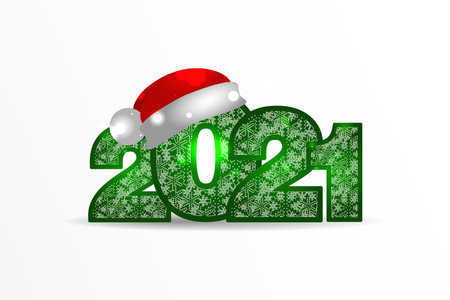 2021 Happy New Year green number in 3d realistic red santa hat. Poster, banner, flyer, greeting card concept design. Promotion and shopping sale template for 2021 winter holidays. Vector illustrationのイラスト素材