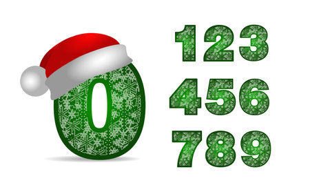Text green numeral 0-9 with white snowflakes ornament. Christmas numbers in santa hat and snowflakes. Happy New Year font isolated on white background. Vector illustrationのイラスト素材