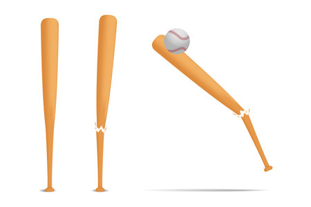 Baseball ball and wooden bat on white background. Realistic 3d Mock up set sport equipment. Unsuccessful hit with a baseball bat. American national game gear whole and broken. Vector illustrationのイラスト素材