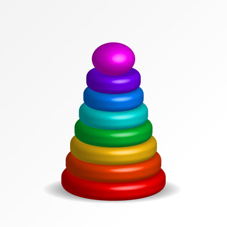 Children realistic 3d plastic toy mock up. Multicolor kid pyramid mockup on white background. Red, orange, yellow, green, blue, purple, pink color ring block build vertical tower. Vector illustrationのイラスト素材