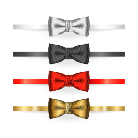 White, black, red, golden bow tie mockup isolated on white background. Cloth butterfly textile texture. Gentleman suit element. Silk, satin bowtie template. Vector illustration.のイラスト素材