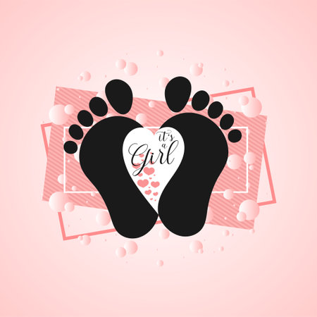 Baby shower greeting card with child footprint in frame on pink background. Newborn announcement - it's a girl. Birth invitation print. Vector illustrationのイラスト素材