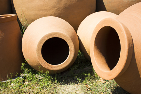 Traditional georgian jugs for wine outdoorの写真素材