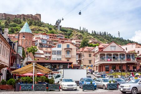 Traditional wooden carving balconies in Sololaki of Old Town of  Tbilisi, Republic of Georgia.のeditorial素材