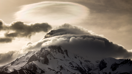 Snow peak of Mount Kazbek in the evening. Georgia.の写真素材