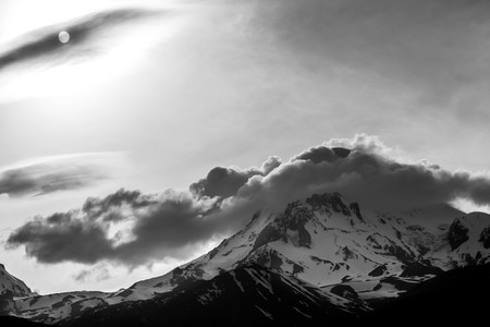 Snow peak of Mount Kazbek in the evening. Georgia.