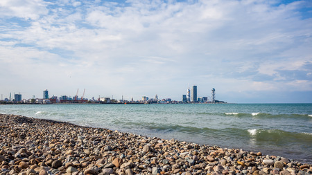 View Of Embankment Of The Georgian Resort Town Of Batumi. Modern Urban Architecture In The Early Morning. View From Sea. Batumi, Georgia, 05.11.2016.のeditorial素材
