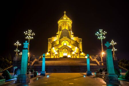 The biggest orthodox cathedral of Caucasus region - Sameba cathedral in Tbilisi at night, Republic...