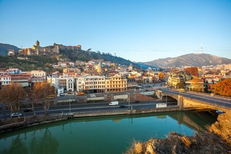 Narikala fortress and the old town of Tbilisi in the morning, Georgia, 25.11.2016.のeditorial素材