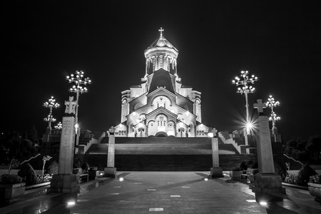 The biggest orthodox cathedral of Caucasus region - Sameba cathedral in Tbilisi at night (black and white), Republic of Georgiaの写真素材