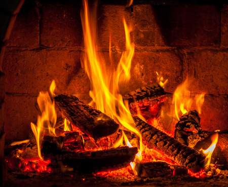A fire burns in a fireplace.