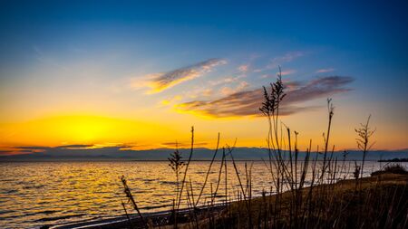 Colorful sky and water in lake Paliastomi in morning , Poti, Georgia.の写真素材