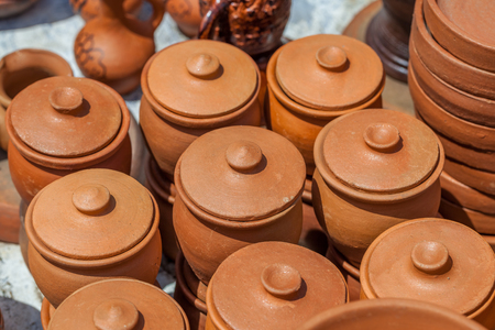 Traditional Georgian clay pottery sold for sale in the village of Shrosha, Georgia.の写真素材
