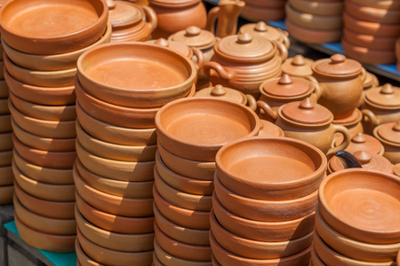 Traditional Georgian clay pottery sold for sale in the village of Shrosha, Georgia.の写真素材