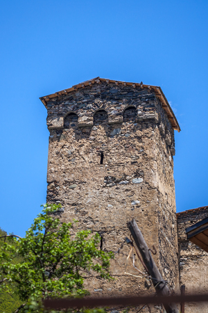 Towers of Mestia village in Svaneti area Caucasus mountains in Georgia.の写真素材