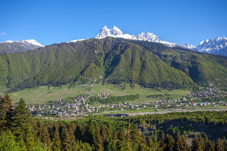 Svaneti mountains, Ushba mountain, view of the city of Mestia from the height, Georgia.の写真素材