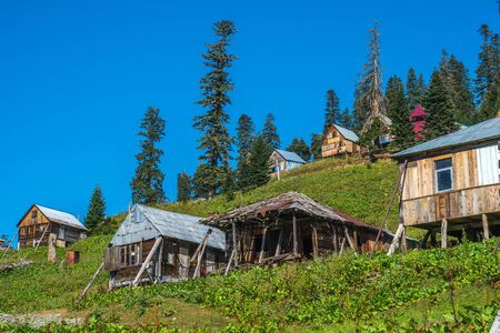 Huts in Bakhmaro village, one of the most beautiful mountain resorts of Georgia.の写真素材