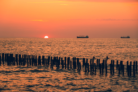 Beautiful sunset on the Black sea. Gold sea sunset.Poti, Georgia.の写真素材