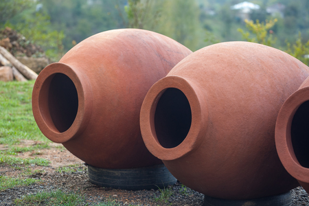 Georgian traditional jugs kvevri for wine, outdoor.の写真素材