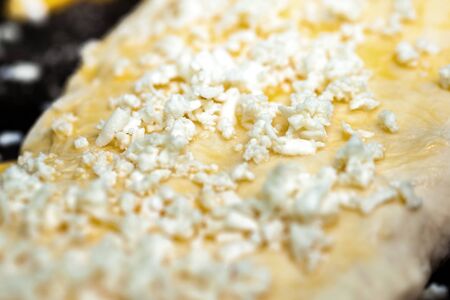 dough with cheese for cooking traditional Georgian dish khachapuri (ghvezeli), Christmas.の写真素材
