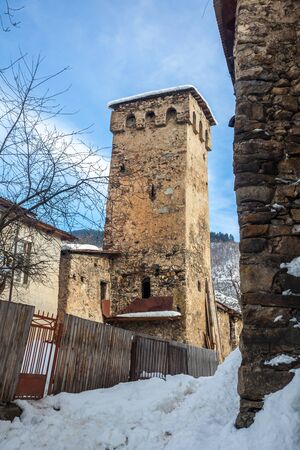 Medieval towers in Latali in the Caucasus Mountains, Upper Svaneti, Georgia.のeditorial素材