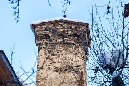 Medieval towers in Latali in the Caucasus Mountains, Upper Svaneti, Georgia.のeditorial素材
