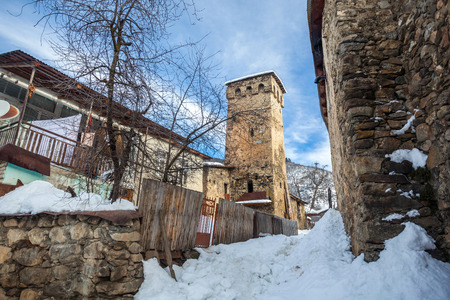 Medieval towers in Latali in the Caucasus Mountains, Upper Svaneti, Georgia.のeditorial素材