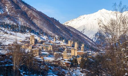 Medieval towers in Mestia in the Caucasus Mountains, Upper Svaneti, Georgia.の写真素材