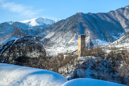 Medieval towers in Mestia in the Caucasus Mountains, Upper Svaneti, Georgia.