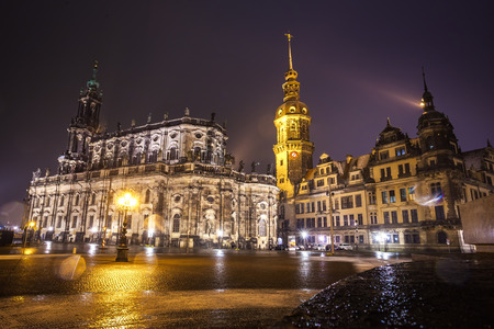 Night view of the Old Town architecture with Elbe river embankment in Dresden, Saxony, Germany.の写真素材