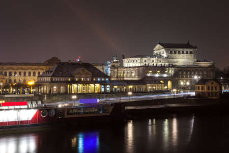 Night view of the Old Town architecture with Elbe river embankment in Dresden, Saxony, Germany.のeditorial素材