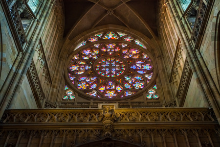Colorful religious stained glass window, St. Vitus Cathedral, Czech Republic