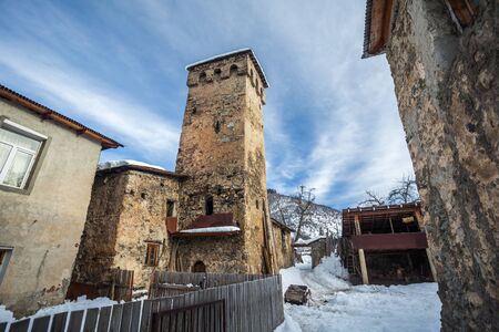 Medieval towers in Latali in the Caucasus Mountains, Upper Svaneti, Georgia.の写真素材