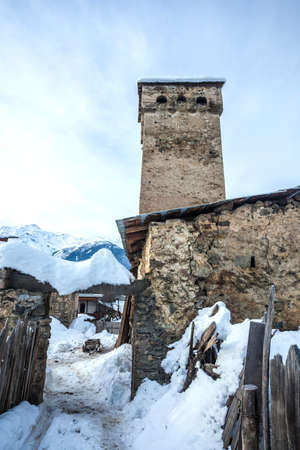 Medieval towers in Latali in the Caucasus Mountains, Upper Svaneti, Georgia.の写真素材